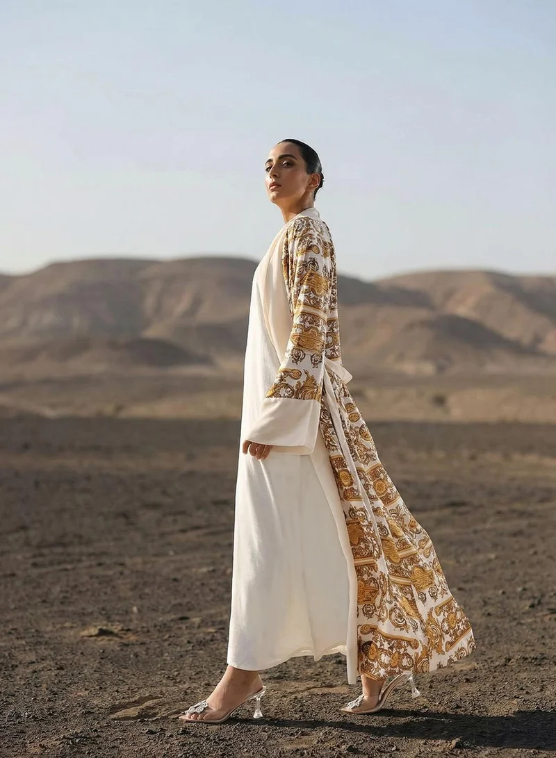 Ishin  Off White Baroque print layered Abaya with Hijab for Women | Best Price UAE